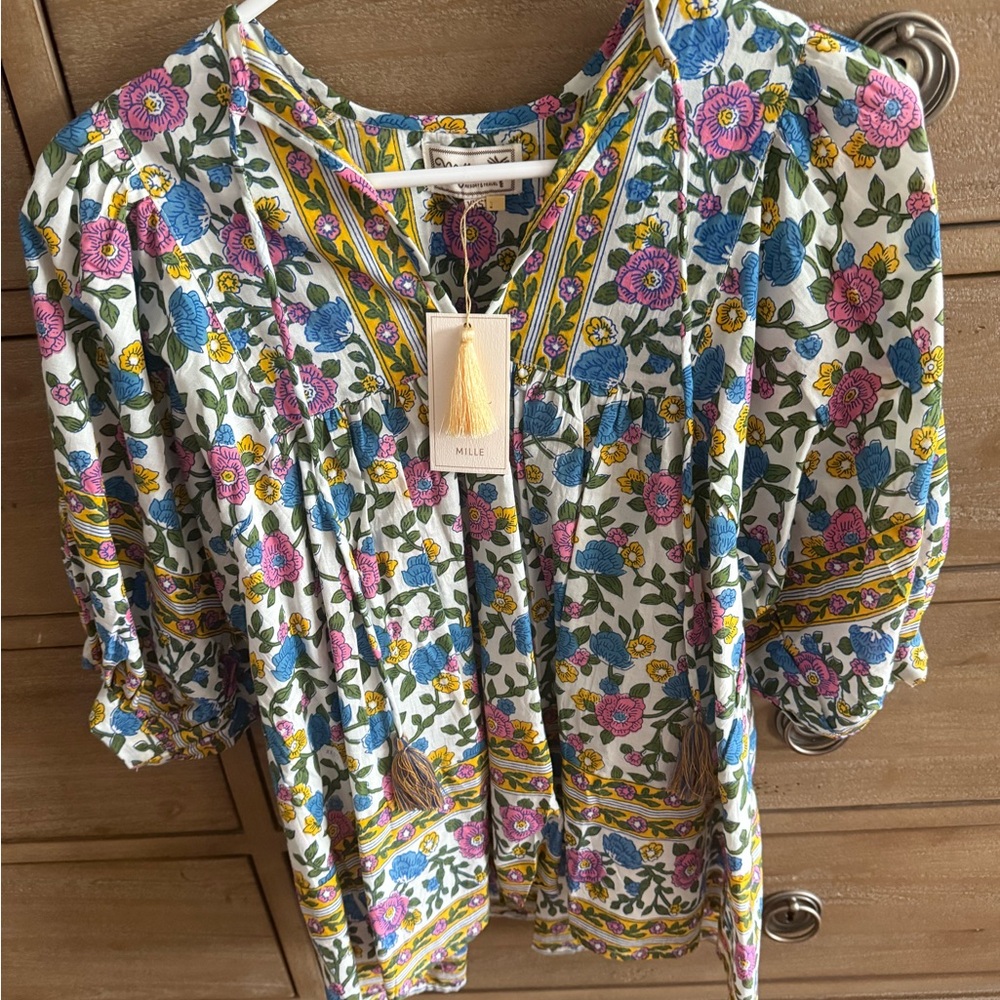 Mille Cream Relaxed Blouse with Graphic Pleats NWT